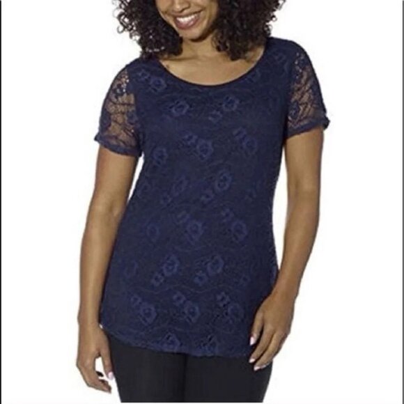 NWT Leo & Nicole Lace Overlay Blouse Medium Navy Blue Floral - Picture 10 of 10